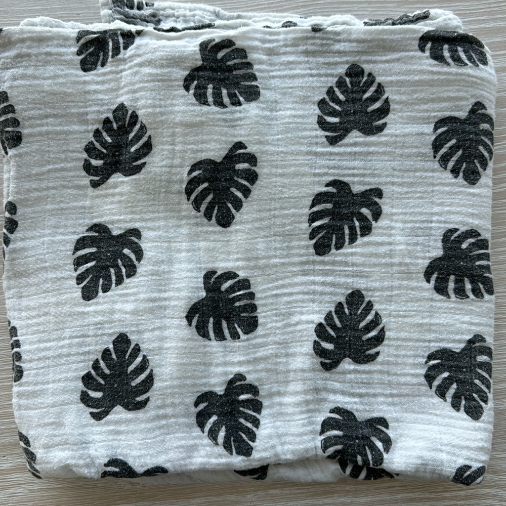 Modern Burlap Muslin Swaddle. Black & White Monstera.